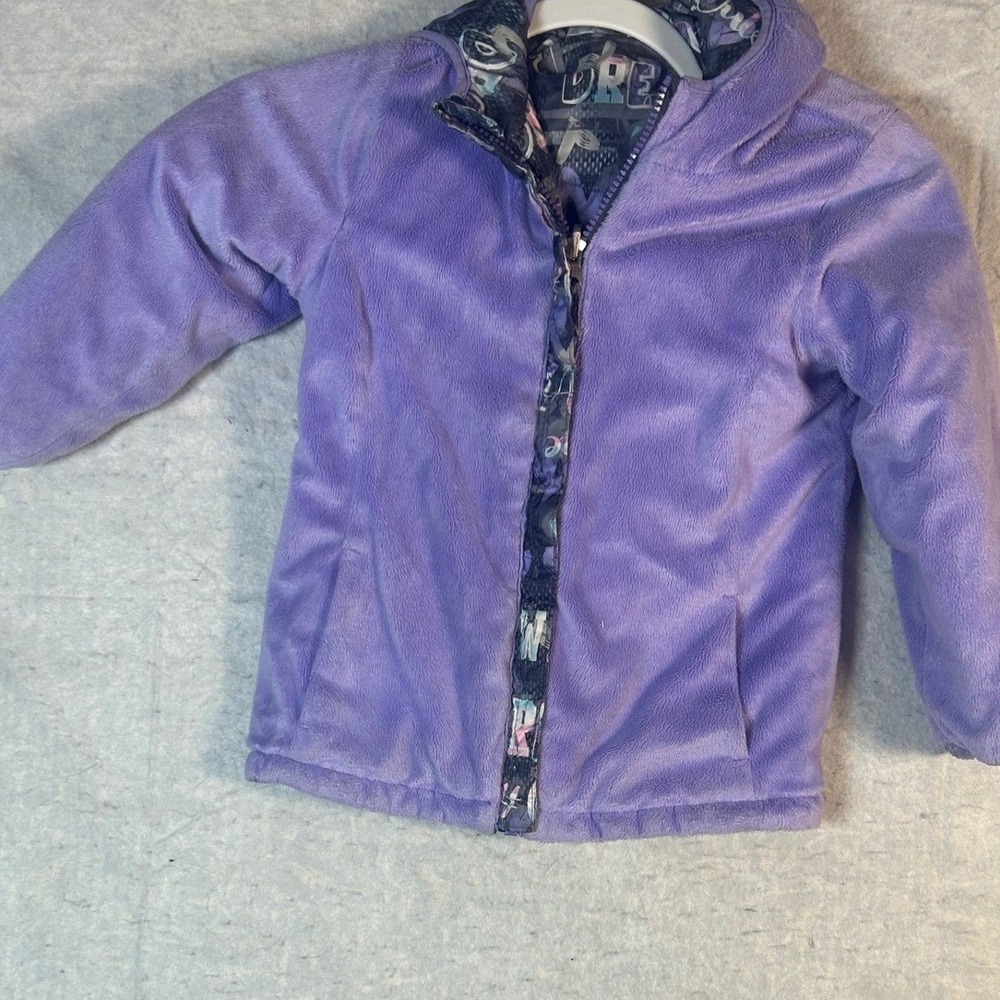Free Country Reversible Puffer Jacket Girls Size 6 Purple Fleece Print